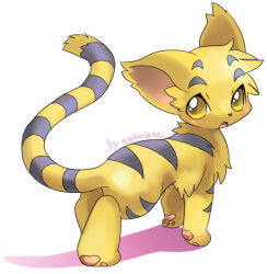 Rule 34 | cat, choko (sweetpocket), commentary request, creature, creature focus, fang, full body, kougra, looking back, neopet (creature), neopets, no humans, open mouth, pawpads, shadow, signature, solo, standing, tiger, walking, yellow eyes, yellow fur