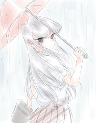 1girl black_eyes black_hair female_focus highres komi-san_wa_komyushou_desu komi_shouko long_hair looking_at_viewer mitsugu rain school_uniform solo umbrella white_background