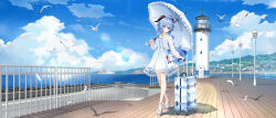1girl absurdres ahoge bird blue_hair blue_sky bow closed_mouth cloud dress footwear_bow full_body ganyu_(animate)_(genshin_impact) ganyu_(genshin_impact) genshin_impact goat_horns high_heel_sandals high_heels highres holding holding_umbrella horns jacket jewelry long_hair long_sleeves looking_at_viewer necklace official_alternate_costume official_art outdoors ribbon sandals shoes sky smile standing suitcase third-party_source toes umbrella white_bow white_dress white_jacket white_ribbon white_shoes