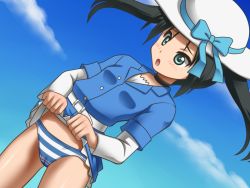 1girl awa black_hair clothes_lift francesca_lucchini green_eyes hat loli open_mouth panties skirt skirt_lift strike_witches striped_clothes striped_panties twintails underwear world_witches_series