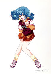 1990s_(style) 1997 1girl ;d aqua_hair arms_behind_back artist_name blue_eyes clothes_writing company_name dated female_focus full_body index_finger_raised knees_together_feet_apart layered_sleeves long_sleeves loose_socks miniskirt official_art one_eye_closed open_mouth orange_shirt pleated_skirt retro_artstyle rolfee shirt shoes short_over_long_sleeves short_sleeves simple_background skirt smile sneakers socks solo tadano_kazuko tonari_no_princess_rolfee white_background wing_collar