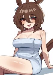 Rule 34 | 1girl, absurdres, agnes tachyon (umamusume), ahoge, animal ears, bare shoulders, blush, breasts, brown hair, cleavage, earrings, hair between eyes, highres, horse ears, horse girl, horse tail, iog626, jewelry, looking at viewer, medium hair, messy hair, naked towel, open mouth, red eyes, shadow, single earring, sitting, solo, tail, thighs, towel, umamusume, white background, wolf cut