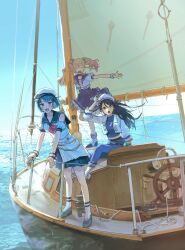 3girls :o ^_^ ankle_socks aqua_shoes blue_dress blue_leggings blue_shirt blue_skirt blue_sky blue_wrist_cuffs blunt_ends blush boat closed_eyes crop_top dress facing_viewer funade_no_mae_no_one_day_trip_(project_sekai) hashtag-only_commentary highres hoshino_ichika_(project_sekai) kiritani_haruka leg_up leggings long_hair looking_at_viewer midriff multiple_girls ocean on_boat open_mouth potienotforty project_sekai puffy_short_sleeves puffy_sleeves sail sailor_collar sailor_dress scrunchie ship&#039;s_wheel shirt shoes short_hair short_sleeves simple_background skirt sky socks standing standing_on_one_leg twintails two-tone_dress watercraft white_dress white_shirt white_socks wrist_cuffs wrist_scrunchie yacht