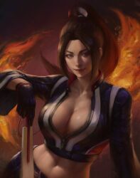 1girl absurdres black_gloves black_jacket black_pants breasts brown_eyes brown_hair closed_mouth commentary cropped_jacket fatal_fury fatal_fury:_city_of_the_wolves fire folded_fan folding_fan gloves hand_fan high_ponytail highres holding holding_fan jacket large_breasts leather leather_jacket leather_pants midriff motoyui navel pants parted_bangs partially_unzipped ponytail shiranui_mai smile solo symbol-only_commentary the_king_of_fighters toned toned_female wide_sleeves yc_yorkchow zipper zipper_pull_tab