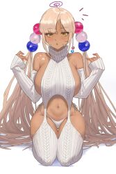 1girl :o alternate_costume archinoer bare_shoulders blonde_hair blush breasts dark-skinned_female dark_skin detached_sleeves garter_straps hair_ornament highres hololive hololive_english large_breasts long_hair meme_attire midriff navel panties planet_hair_ornament ribbed_panties ribbed_sleeves ribbed_thighhighs sideboob solo sweater thighhighs tsukumo_sana turtleneck twintails underwear very_long_hair virgin_destroyer_sweater virtual_youtuber white_background white_garter_straps white_panties white_sweater wide_hips yellow_eyes
