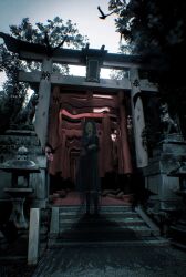 1girl banakotakemaru bird distortion grey_sky highres horror_(theme) long_hair original rock school_uniform serafuku shadow sky stairs statue torii tree very_long_hair
