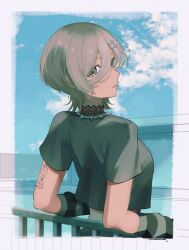 Rule 34 | 1girl, absurdres, against railing, arm tattoo, arm warmers, black shirt, blue sky, cloud, commentary, dark-skinned female, dark skin, day, girls band cry, green eyes, grey hair, hair ornament, hairclip, highres, jewelry, kuji (orca9ji), looking at viewer, necklace, outdoors, parted lips, railing, rupa (girls band cry), shirt, short sleeves, sky, solo, tattoo