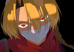 1girl alternate_color black_background blonde_hair braid colored_eyelashes hair_between_eyes highres long_hair looking_at_viewer mask mouth_mask nintendo player_2 portrait red_eyes red_scarf reverse_trap scarf sheik simple_background solo super_smash_bros. the_legend_of_zelda the_legend_of_zelda:_ocarina_of_time yasaikakiage