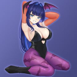 1girl animal_print arm_up armpits arms_behind_head bare_shoulders basher bat_print black_boots black_leotard blue_background blue_hair blunt_bangs boots breasts censored cleavage colored_inner_hair commentary cosplay covered_navel darkstalkers demon_wings elbow_gloves english_commentary full_body fur-trimmed_gloves fur_trim gloves hair_intakes head_wings heart heart_censor highres hololive hololive_english large_breasts leotard long_hair morrigan_aensland morrigan_aensland_(cosplay) multicolored_hair orange_gloves ouro_kronii pantyhose parted_lips print_pantyhose purple_pantyhose simple_background sitting smile solo strapless strapless_leotard two-tone_hair wariza wings
