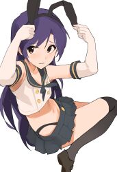 1girl absurdres adjusting_clothes adjusting_headwear animal_ear_hairband animal_ears black_hairband black_neckerchief blue_hair blush brown_eyes ch2haya_p closed_mouth collarbone cosplay crop_top elbow_gloves fake_animal_ears flat_chest from-side furrowed_brow gloves grey_sailor_collar grey_skirt grey_socks hairband hands_up highres idolmaster idolmaster_(classic) idolmaster_million_live! idolmaster_million_live!_theater_days kantai_collection kisaragi_chihaya long_hair looking_at_another microskirt navel neckerchief pleated_skirt rabbit_ear_hairband rabbit_ears sailor_collar shimakaze_(kancolle) shimakaze_(kancolle)_(cosplay) shoes shy simple_background sitting skirt socks solo white_background white_gloves