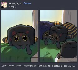 1boy animal_focus aventurine_(honkai:_star_rail) bed blonde_hair came_home_drunk_last_night_and_got_way_too_excited_to_see_my_cat_(meme) critter_pick_(honkai:_star_rail) english_text highres honkai:_star_rail honkai_(series) icedkappe lipstick_mark lipstick_mark_on_face meme pillow social_media_composition sunglasses tumblr