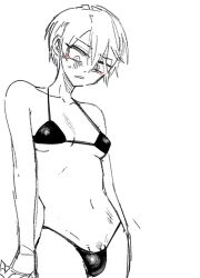 1boy androgynous bikini bishounen blonde_hair blush breasts bulge crossdressing eyeliner greyscale high_school_boy hong_iltak korean_commentary makeup male_with_breasts monochrome parkgee penis penis_peek puffy_chest red_eyeliner red_eyes simple_background small_breasts solo spot_color sweatdrop swimsuit trap white_background