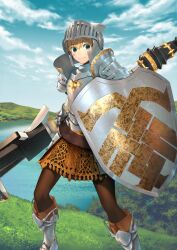 Rule 34 | 1girl, armor, armored boots, belt, blonde hair, blue sky, blush stickers, boots, breastplate, brown belt, brown boots, brown pantyhose, brown skirt, closed mouth, cloud, day, fate/grand order, fate (series), faulds, feet out of frame, game cg, gareth (fate), gareth (second ascension) (fate), gauntlets, gold trim, green eyes, hair between eyes, helmet, holding, holding polearm, holding shield, holding weapon, lake, legs apart, looking at viewer, miniskirt, nekotawawa, official art, pantyhose, pauldrons, polearm, shield, short hair, shoulder armor, skirt, sky, smile, solo, standing, third-party source, variant set, weapon