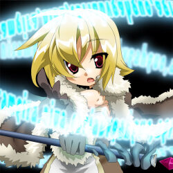 1girl black_background blonde_hair brown_cape brown_dress brown_gloves cape commentary_request dress fur-trimmed_cape fur-trimmed_gloves fur_trim gloves high_wizard_(ragnarok_online) holding holding_staff looking_at_viewer magic magic_circle open_mouth ragnarok_online red_eyes short_hair solo staff takeya_yuuki two-tone_dress upper_body white_dress