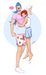 Rule 34 | ..., 2boys, blue hair, boxers, buggy the clown, clenched hand, clown nose, facial hair, floating, goatee, highres, hug, long hair, male focus, male underwear, multiple boys, nervous, nervous sweating, nose bubble, one piece, pink shirt, polka dot, red hair, shanks (one piece), shirt, short sleeves, simple background, socks, speech bubble, spoken ellipsis, sweat, underwear, vamos mk, waving hands, white shirt, yaoi