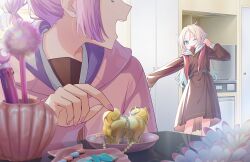 Rule 34 | 2girls, :d, ;d, anyoji hime, blonde hair, blue eyes, blue hair, blunt sidelocks, brown dress, counter, curtained hair, dog, dress, dressing, fang, flower, game cg, gold, gradient hair, hair flower, hair ornament, hasu no sora school uniform, heart, heart-shaped gem, heart hair ornament, heart ring, highres, identity (love live!), indoors, jewelry, link! like! love live!, lone nape hair, long hair, long sleeves, looking at another, love live!, medium dress, mira-cra park!, multi-tied hair, multicolored hair, multiple girls, neckerchief, non-web source, official alternate costume, official art, one eye closed, open mouth, ornate ring, osawa rurino, outstretched arm, parted bangs, pen, pink flower, pink hair, pink nails, pleated dress, pointing, ponytail, red neckerchief, reflective surface, refrigerator, ring, sailor collar, sailor dress, school uniform, smile, teeth, two-tone hair, undone neckerchief, unworn hair ornament, unworn ring, upper teeth only, virtual youtuber, white sailor collar, winter uniform