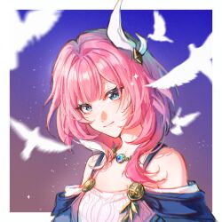 1girl bird blue_eyes border chinese_commentary coat commentary_request cyrene_(honkai:_star_rail) dress highres honkai:_star_rail honkai_(series) jewelry luxilbb medium_hair necklace night night_sky pink_hair pink_pupils procreate_(medium) purple_coat sky smile solo star_(sky) starry_sky upper_body white_bird white_border white_dress