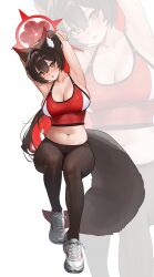 1girl absurdres alternate_costume alternate_hairstyle animal_ear_fluff animal_ears armpits arms_behind_head arms_up black_tail blue_archive blush breasts brown_hair camisole cleavage colored_inner_hair crop_top daehoak fox_ears fox_girl fox_tail full_body hair_between_eyes halo head_tilt highres invisible_chair large_breasts long_hair looking_at_viewer midriff multicolored_hair navel open_mouth pants plump ponytail red_camisole red_hair red_halo shoes simple_background sitting skindentation stomach tail wakamo_(blue_archive) white_background white_shoes yoga_pants zoom_layer