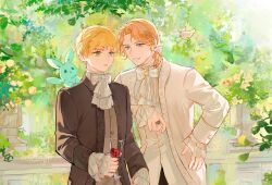 2boys absurdres ascot axis_powers_hetalia bird blonde_hair blue_eyes creature cubed_(houkuaid) cup day formal_clothes france_(hetalia) garden green_eyes highres holding holding_cup jacket jewelry long_sleeves male_focus medium_hair multiple_boys open_mouth outdoors plant ring short_hair smile thick_eyebrows united_kingdom_(hetalia) upper_body