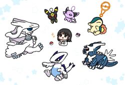 1girl :d animification black_hair character_charm character_doll charm_(object) chibi chibi_only commentary_request creatures_(company) cyndaquil dialga espeon game_freak gen_2_pokemon gen_4_pokemon gen_5_pokemon highres hood hood_down hoodie jitome legendary_pokemon lugia master_ball medium_hair nintendo open_mouth poke_ball poke_ball_(basic) pokemon real_life reshiram smile sparkle tsukine_kona umbreon v-shaped_eyebrows voice_actor watage_modoki white_background white_hoodie