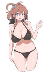 Rule 34 | 1girl, alternate costume, bikini, black bikini, breasts, brown hair, cleavage, cropped legs, grey eyes, high side ponytail, highres, kantai collection, large breasts, long hair, o-ring, o-ring bikini, o-ring bottom, ponytail, saratoga (kancolle), side ponytail, sidelocks, simple background, smokestack hair ornament, solo, swimsuit, tamu (mad works), white background