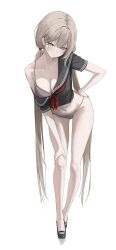 1girl absurdres bare_legs bent_over black_sailor_collar black_serafuku black_shirt black_shoes blonde_hair blush bra breasts cleavage crop_top cropped_shirt dot_nose full_body hair_between_eyes hair_ornament hairclip high_heels highres laneigu large_breasts long_hair looking_at_viewer low_twintails mole mole_under_eye narrowed_eyes open_clothes original parted_bangs sailor_collar school_uniform serafuku shirt shoes short_sleeves simple_background solo twintails underwear very_long_hair white_background yellow_eyes yuzu_(laneigu)