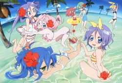 Rule 34 | 00s, 6+girls, :3, :d, ahoge, anchor symbol, arms up, ass, beach, bent over, bikini, black bikini, blonde hair, blue eyes, blue hair, blue one-piece swimsuit, blush, breasts, casual one-piece swimsuit, coconut, crustacean, d:, d;, day, dolphin, fisheye, flat chest, flower, glasses, green eyes, green hair, hair flower, hair ornament, hair ribbon, hermit crab, hibiscus, hiiragi kagami, hiiragi tsukasa, image sample, innertube, iwasaki minami, izumi konata, jumping, kobayakawa yutaka, kuroi nanako, long hair, looking at another, looking at viewer, looking back, lucky star, lying, mole, mole under eye, multiple girls, official art, on back, on stomach, one-piece swimsuit, one eye closed, open mouth, outdoors, palm tree, pink bikini, pink hair, polka dot, polka dot bikini, polka dot swimsuit, ponytail, print bikini, purple eyes, purple hair, red hair, red one-piece swimsuit, ribbon, scan, short hair, siblings, side-tie bikini bottom, sisters, sitting, sky, small breasts, smile, standing, star (symbol), star print, striped bikini, striped clothes, swim ring, swimsuit, takara miyuki, tankini, tree, twins, twintails, v, wading, water, white bikini, yamada naoko