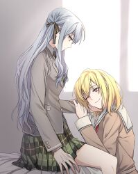 2girls absurdres bang_dream! bang_dream!_it&#039;s_mygo!!!!! blonde_hair blue_hair brown_dress closed_mouth collared_shirt commentary_request crimppp77 dress green_necktie green_ribbon green_skirt grey_jacket hair_ribbon hand_on_another&#039;s_face haneoka_school_uniform highres indoors jacket long_hair medium_hair misumi_uika multiple_girls necktie on_bed one_eye_closed plaid_clothes pleated_skirt purple_eyes ribbon sailor_dress school_uniform shirt sitting skirt smile togawa_sakiko white_dress white_shirt yellow_eyes yuri