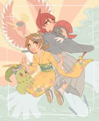 1boy 1girl :d alternate_costume brown_eyes brown_hair chikorita clenched_hands commentary_request creatures_(company) eyelashes framed game_freak gen_2_pokemon gen_4_pokemon grey_hakama hair_between_eyes hakama hands_up ho-oh holding holding_pokemon huan_li japanese_clothes kimono legendary_pokemon long_hair looking_back lugia lyra_(pokemon) nintendo open_mouth pokemon pokemon_(creature) pokemon_hgss red_eyes red_hair sandals sash silver_(pokemon) smile socks twintails w_arms weavile wide_sleeves yellow_kimono