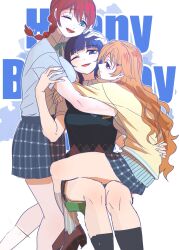 3girls asaka_karin blue_eyes blue_hair blunt_bangs braid breasts cardigan commentary emma_verde hand_on_another&#039;s_head happy_birthday highres hug konoe_kanata large_breasts long_hair long_sleeves looking_at_viewer love_live! love_live!_nijigasaki_high_school_idol_club medium_hair monowe multiple_girls nijigasaki_school_uniform one_eye_closed open_mouth orange_hair plaid_clothes plaid_skirt purple_eyes red_hair school_uniform shirt sitting sitting_on_person skirt smile socks symbol-only_commentary text_background twin_braids white_background yellow_cardigan yuri