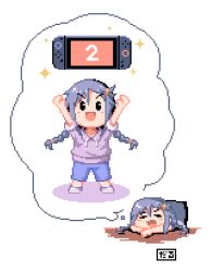 Rule 34 | 1girl, artist name, blue pants, braid, chair, closed eyes, daru pixel, hair ornament, hair tie, idolmaster, idolmaster cinderella girls, idolmaster cinderella girls starlight stage, long hair, looking up, miyoshi sana, multiple views, nintendo switch 2, on chair, open mouth, pants, pixel art, purple hair, purple shirt, shirt, short sleeves, sleeping, smile, sparkle, speech bubble, thought bubble, twin braids, v-shaped eyebrows