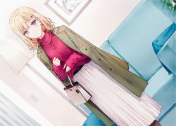 1girl ayase_saki bag blonde_hair brown_coat coat coat_on_shoulders commentary_request couch dutch_angle earrings feet_out_of_frame floating_earring gimai_seikatsu hair_ornament hairclip hiten_(hitenkei) jewelry lamp light_blush long_skirt looking_at_viewer medium_hair necklace novel_illustration official_alternate_hair_length official_alternate_hairstyle official_art open_clothes open_coat parted_lips picture_frame purple_eyes red_sweater second-party_source skirt solo standing sweater white_skirt