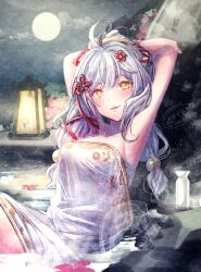 1girl armpits arms_behind_head arms_up blush breasts commentary_request cowboy_shot flower fu_ji full_moon grey_hair hair_flower hair_ornament ittokyu lantern long_hair mahjong_soul medium_breasts moon night onsen open_mouth red_flower smile solo tokkuri tray yellow_eyes