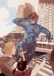 1girl 3boys absurdres back black_hair blonde_hair blue_bodysuit blue_gloves bodysuit child commentary crosswalk dark-skinned_male dark_skin dc_comics eye_mask gloves highres holding holding_phone multiple_boys orange_hair outdoors phone salute shirt short_hair smile steelscarlet superhero_costume surprised the_flash the_flash_(series) twintails vest white_shirt