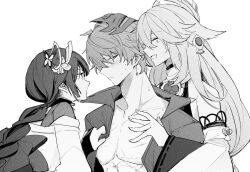 1boy 2girls abs alternate_hairstyle animal_ear_piercing animal_ears bare_shoulders blunt_bangs blush braid braided_ponytail bridal_gauntlets butterfly_hair_ornament closed_mouth collarbone collared_shirt curly_hair detached_sleeves embarrassed fan_hair_ornament fox_ears fox_girl friends from_side genshin_impact group_sex hair_between_eyes hair_ornament hand_on_another&#039;s_chest headpiece hetero highres implied_sex japanese_clothes jewelry kimono leaning_back leaning_forward long_braid long_hair long_sleeves looking_at_another looking_down looking_to_the_side looking_up mask mask_on_head monochrome multiple_girls muscular muscular_male neck_ribbon nervous_sweating off_shoulder open_clothes open_mouth open_shirt pendant raiden_shogun ribbon scar shade shirt short_hair simple_background single_braid smile stack_b1 sweat tartaglia_(genshin_impact) threesome upper_body wavy_hair white_background wide_sleeves yae_miko