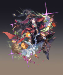 Rule 34 | 1boy, alternate costume, black hair, boots, broom, broom riding, candy, cookie, facial mark, fire emblem, fire emblem: path of radiance, food, forehead mark, gradient background, halloween bucket, hat, hat with ears, highres, large hat, lollipop, long hair, male focus, nintendo, novice (o novice), pale skin, red eyes, solo, soren (fire emblem), swirl lollipop, witch hat