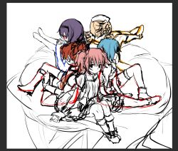 5girls akemi_homura black_hair blue_hair blush drill_hair high_ponytail highres kaname_madoka llbzqsj mahou_shoujo_madoka_magica medium_hair miki_sayaka multiple_girls outline pink_hair ponytail red_hair red_outline sakura_kyoko short_twintails sitting spot_color tomoe_mami twin_drills twintails