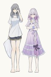 2girls bare_legs barefoot black_bow black_shorts bow braid braided_ponytail castorice_(honkai:_star_rail) collarbone dolphin_shorts dress full_body grey_hair hair_bow highres honkai:_star_rail honkai_(series) long_hair looking_at_viewer multiple_girls one_eye_closed open_mouth pointy_ears purple_dress purple_eyes purple_hair shirt short_sleeves shorts simple_background single_braid standing stelle_(honkai:_star_rail) sugarless_(sugarless_il) t-shirt trailblazer_(honkai:_star_rail) very_long_hair white_background white_shirt yellow_eyes