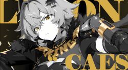 1girl absurdres arm_armor black_shirt breasts caesar_king_(zenless_zone_zero) cape character_name cleavage cleavage_cutout closed_mouth clothing_cutout frown fur_trim gauntlets gloves grey_hair hair_between_eyes hair_intakes hair_ornament hairclip highres jewelry looking_at_viewer mechanical_arms mindscape_cinema_(zenless_zone_zero) necklace official_art orange_eyes shirt short_hair short_sleeves single_gauntlet solo upper_body v-shaped_eyebrows x_hair_ornament yellow_eyes zenless_zone_zero