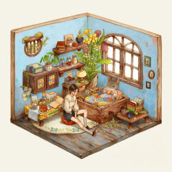 1boy 1girl basket bed bedroom black_hair blanket book book_stack child commentary_request drawer flower food fruit full_body furry holding holding_food indoors isometric jar lamp leaf long_sleeves lying male_focus mini_person miniboy mogoshin mouse_(animal) open_book original picture_frame plant potted_plant shelf shirt shoes short_hair shorts simple_background sitting socks table traditional_media white_background white_shirt window wooden_floor