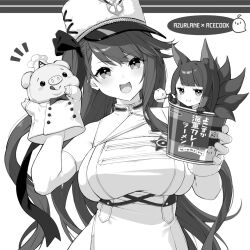 :3 akagi_(azur_lane) animal_ear_fluff animal_ears azur_lane bad_id bad_pixiv_id breasts chopsticks elbow_gloves fox_ears fox_girl fox_tail gloves greyscale hand_puppet hat holding holding_chopsticks large_breasts light_blush long_hair looking_at_viewer manjuu_(azur_lane) medal monochrome notice_lines one_side_up open_mouth pamiat_merkuria_(azur_lane) pamiat_merkuria_(retrofit)_(azur_lane) peaked_cap piwka puppet swept_bangs tail upper_body