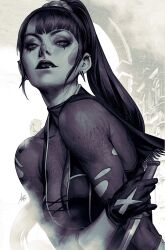 Rule 34 | 1girl, batman (series), black dress, black gloves, blush stickers, breasts, cleavage, dc comics, dress, earrings, gloves, highres, holding, holding knife, jewelry, knife, long hair, looking at viewer, medium breasts, ponytail, punchline (dc), purple shirt, see-through clothes, see-through shirt, shirt, signature, sleeveless, sleeveless dress, solo, stanley lau, textless version, torn clothes, torn shirt, upper body