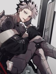 Rule 34 | 1boy, absurdres, black hair, from side, grey background, grey hair, highres, holding, holding weapon, kaijuu no. 8, long sleeves, looking at viewer, male focus, multicolored hair, narumi gen, red eyes, short hair, simple background, solo, tongue, tongue out, two-tone hair, umifug3, weapon