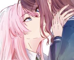 2girls bang_dream! bang_dream!_it&#039;s_mygo!!!!! blue_eyes brown_hair chihaya_anon commentary english_commentary eye_contact haneoka_school_uniform holding_hands long_hair looking_at_another multiple_girls nagasaki_soyo niigouki pink_hair school_uniform simple_background tsukinomori_school_uniform white_background yuri