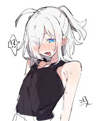 Rule 34 | !?, 1girl, ahoge, androgynous, azuma shino, black tank top, blue eyes, blush, confused, fang, nowareno (azuma shino), pointy ears, ponytail, sketch, skin fang, skinny, solo, sweat, tank top, white hair