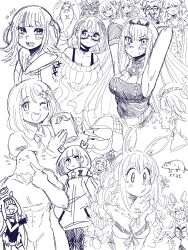 2boys 6+girls akai_haato amano_pikamee animal_ears armpits bloop_(gawr_gura) booba_(meme) breasts bubba_(watson_amelia) bulging_eyes carrot cat_ears cleavage collage colonel_sanders dog_ears don-chan_(usada_pekora) eye_pop flat_chest food-themed_hair_ornament gawr_gura glasses hair_ornament halo highres hikasa_tomoshika hololive hololive_english horns inugami_korone jitomi_monoe kfc kiryu_coco large_breasts long_hair meme mole mole_under_eye monochrome mori_calliope mouse_(animal) multiple_boys multiple_girls muscular nekomata_okayu ninomae_ina&#039;nis ninomae_ina&#039;nis_(1st_costume) one_eye_closed open_mouth pie_(aipiepo) pointing pointing_at_self rabbit_ears semi-rimless_eyewear sharp_teeth shirogane_noel short_hair short_sidetail sketch small_breasts takanashi_kiara takodachi_(ninomae_ina&#039;nis) teeth tongue tongue_out under-rim_eyewear usada_pekora usada_pekora_(1st_costume) virtual_youtuber voms watson_amelia