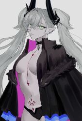 1girl black_jacket black_panties candy choker fate/grand_order fate_(series) food food_in_mouth green_eyes highres horns jacket koani11111 lollipop long_hair looking_at_viewer naked_jacket navel ordeal_call_servant_(female) panties pointy_ears solo topless_female twintails underwear white_background white_hair