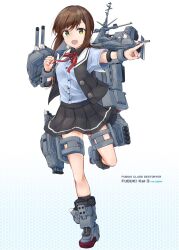 Rule 34 | 1girl, adapted costume, black hair, black skirt, blue shirt, fubuki (kancolle), full body, green eyes, highres, kantai collection, looking at viewer, machinery, minosu, original remodel (kantai collection), pleated skirt, ponytail, sailor collar, school uniform, serafuku, shirt, sidelocks, skirt, solo, white background, white sailor collar