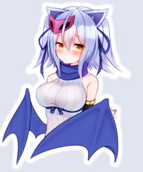 Rule 34 | 1girl, bare shoulders, bat wings, blue ribbon, blue scarf, blue wings, blush, bodysuit, bow, breasts, delucky alma, emil chronicle online, hair bow, hair ornament, large breasts, ribbon, scarf, shirayuki touya, simple background, two side up, upper body, wings