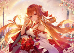 Rule 34 | 1girl, apple caramel, breasts, character request, cherry blossoms, code: dragon blood, commentary request, dragon raja, female focus, flower, hair between eyes, hair bun, hair ornament, hair ribbon, highres, holding, holding flower, japanese clothes, kimono, large breasts, looking at viewer, multicolored kimono, orange eyes, orange hair, red flower, red kimono, red ribbon, ribbon, single hair bun, sleeves rolled up, smile, solo, uesugi erii, white flower, white kimono, white ribbon, wide sleeves